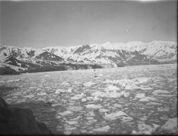 Panorama (38-40) of Turner and Hubbard Glaciers from mountnain slope southeast of Turner Glacier, west side of Disenchantment Bay