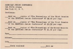 Blank Order Form for the Proceedings of the Sessions of the American Jewish Conference
