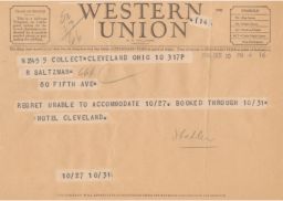 Hotel Cleveland to Rubin Saltzman, October 1946 (telegram)