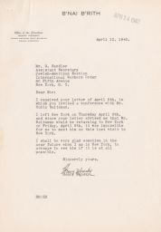 Henry Monsky to Gedaliah Sandler Planning Meeting with Rubin Saltzman, April 1943 (correspondence)