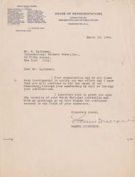 Samuel Dickstein to Rubin Saltzman about Appreciation for Aid in War Effort, March 1944 (correspondence)
