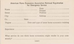 Registration card for the AHEA national registry of home economists for emergency service