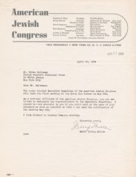 Rabbi Irving Miller to Ruben Saltzman about Delegate to Executive Committee, April 1948 (correspondence)