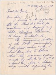 Lillian E. Batcho to Abraham Rady Circle Fund about Financial Assistance for her Child, July 1950 (correspondence)