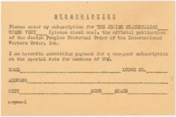 Subscription Card for the Jewish Fraternalist or Unzer Vort