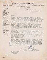 Dr. I. Schwarzbart to Rubin Saltzman Regarding Reports from the World Jewish Congress, April 1947 (correspondence)