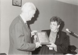 Senator Daniel Patrick Moynihan (D-NY) receives a Friend of the Family Award from AHEA president Sheron Sumner