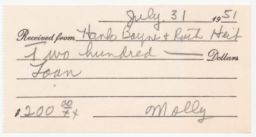 Receipt for $200 Loan to Hank Boyne and Ruth Heit
