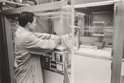 NRRFSS (National Research and Resource Facility for Submission Structures), Ken Wagner working with OMVPE (organo-metallic vapor-phase epitaxy) system , March 1983