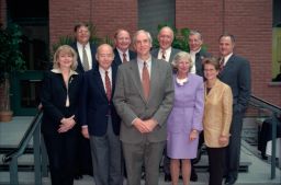 Johnson Graduate School of Management Sage Hall Dedication; Pres. Rawlings standing on Sage steps with Johnson family