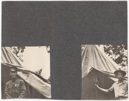 Two photos of men in uniform standing outside a tent