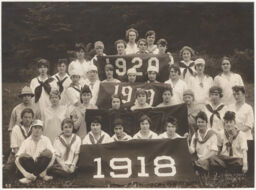 Group photo of 1918, 1919, 1920 Cornell women's baseball teams including Mary Honor Donlon, also known as Mary Donlon Alger