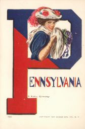 Postcard, "College Girl" framed within the "P" of Pennsylvania