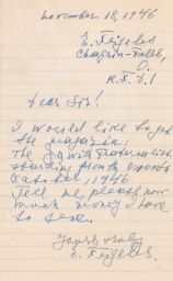 Elizabeth Feigeles Requesting the Jewish Fraternalist, November 1946 (correspondence)