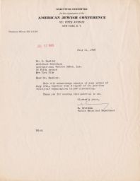 M. Grossman to Gedaliah Sandler Requesting Admittance to the American Jewish Conference, July 1943 (correspondence)
