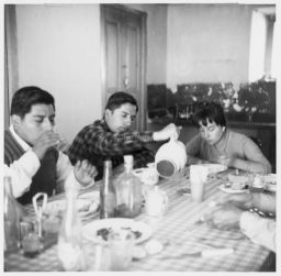 Vicos dining room. Sr. Darios (left), Sr. Hernan Castillo (center), Srta Norma (right)