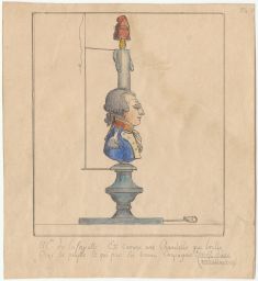 Color caricature of Lafayette with a candle on his head