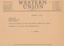 Rubin Saltzman to Norman Lynn about Meeting, October 1946 (telegram)