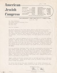 Stephen S. Wise to Rubin Saltzman Regarding the World Jewish Congress Meeting, April 1948 (correspondence)