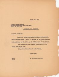 Rubin Saltzman to Mrs. Goldberg about Mildred Tabachnick's Employment, March 1946 (correspondence)