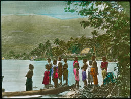 View of individuals standing in a harbor, probably in Samoa