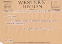 C. B. Loftis to Rubin Saltzman about Lack of Vacancies, October 1946 (telegram)