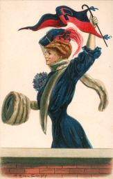 Postcard, "College Girl" standing, holding a "P" pennant