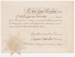 Pennsylvania Society for promoting the abolition of slavery, membership certificate for J. P. Brissot de Warville