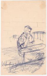 Hand drawn portrait of Philip Berrigan writing in jail