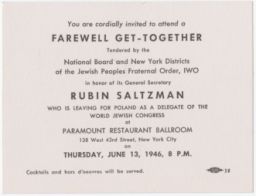 Invitation Card to Farewell Get-Together for Saltzman Trip to Poland