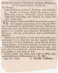 Newspaper Clipping; Will of Hannah Robinson Including Instructions Regarding her Slaves