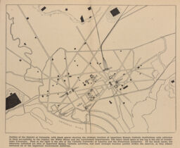Untitled (Outline of the District of Columbia, with black spaces showing the strategic location of important Roman Catholic institutions with reference to the accessibility to the Capitol, the White House and the Government Departments.)