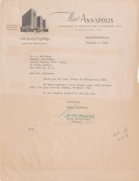 Harry Weissinger to Rubin Saltzman about Room Reservation, November 1946 (correspondence)