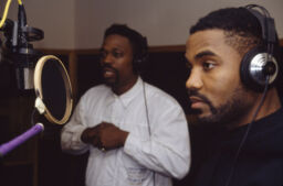 Grandmaster Caz and Money Ray of the Cold Crush Brothers recording a commercial for Funkmaster Flex, D&D Studios