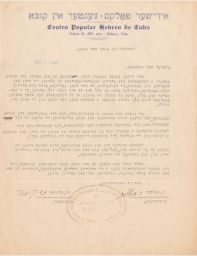 Zh. Krupat and Z. Meller of Centro Popular Hebreo de Cuba to JPFO Concerning Delegation from Poland, May 1946 (correspondence)