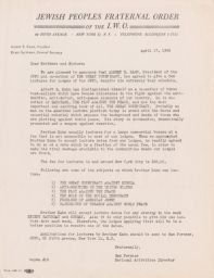 Sam Pevzner to JPFO Members Offering Lectures by Albert E. Kahn, April 1946 (correspondence)