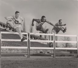 Cornell track and field Olympians, 1952 (left to right): Charles Moore, '51; Meredith Flash Gourdine; '52, Walter Ashbaugh, '51
