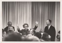 Mary Honor Donlon, also known as Mary Donlon Alger, at Trustee Council Weekend, October 1966 (possibly next to Cornell President James A. Perkins, right)