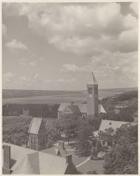 View of Uris Library, McGraw Tower and Cayuga Lake.