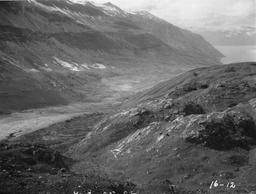 Glaciated valley of land end of Nunatak Glacier from Nunatak, looking west