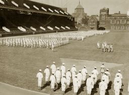 World War II, Navy V-12 students on parade in Franklin Field