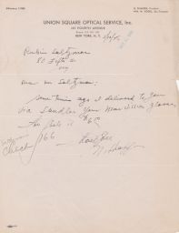 N. Shaffer to Rubin Saltzman about Bill for Eyeglasses, May 1946 (correspondence)