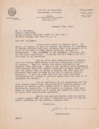 Robert Moses to Rubin Saltzman Regarding Sholem Aleichem Monument, January 1946 (correspondence)