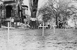 Vietnam War protest of crosses in front of College Hall