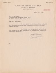 Ari Mark to Rubin Saltzman about Meeting Arrangement, April 1943 (correspondence)