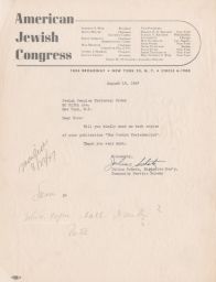 Josef Julius Schatz to JPFO Requesting Copies of "The Jewish Fraternalist" , August 1947 (correspondence)