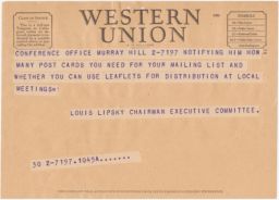 Louis Lipsky to Rubin Saltzman about Materials for Mailing List (telegram)