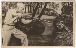 Man with rifle posed shooting tiger