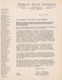 Louis Lipsky to All Delegates of the American Jewish Conference about Cancelled Meeting, March 1948 (correspondence)
