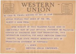 Isaiah L. Kenen to Albert E. Kahn Requesting JPFO Statement on Palestine, December 1945 (telegram)